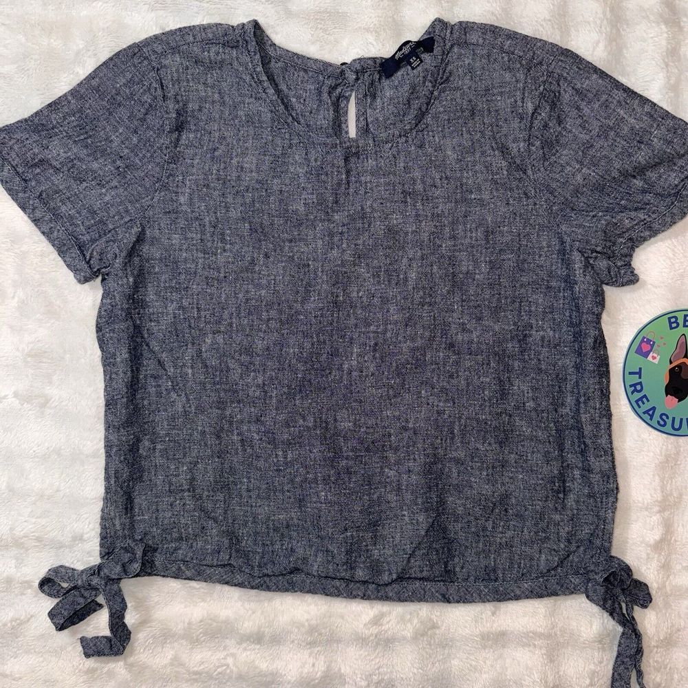 Madewell XS Linen Cotton Blend Blue Chambray Sexy Sidetie Crop Tee Shirt Keyhole